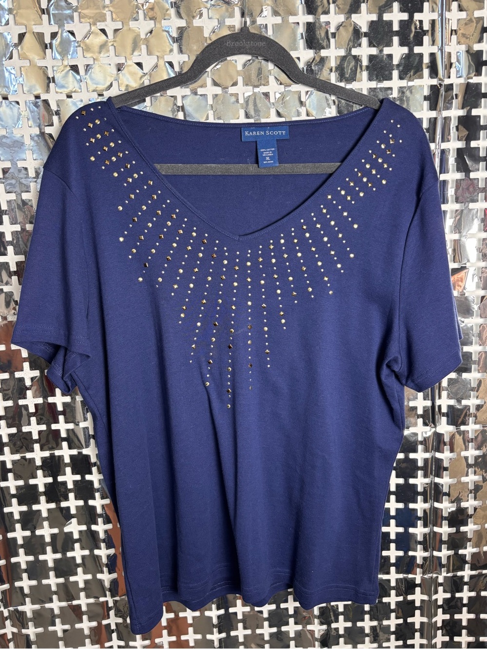 Karen Scott Navy Short Sleeve V-Neck Top with Gold Stud Accents